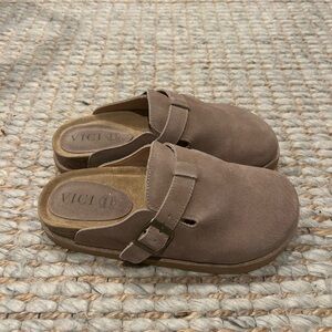 Vici Taupe Suede Slip-On Mules